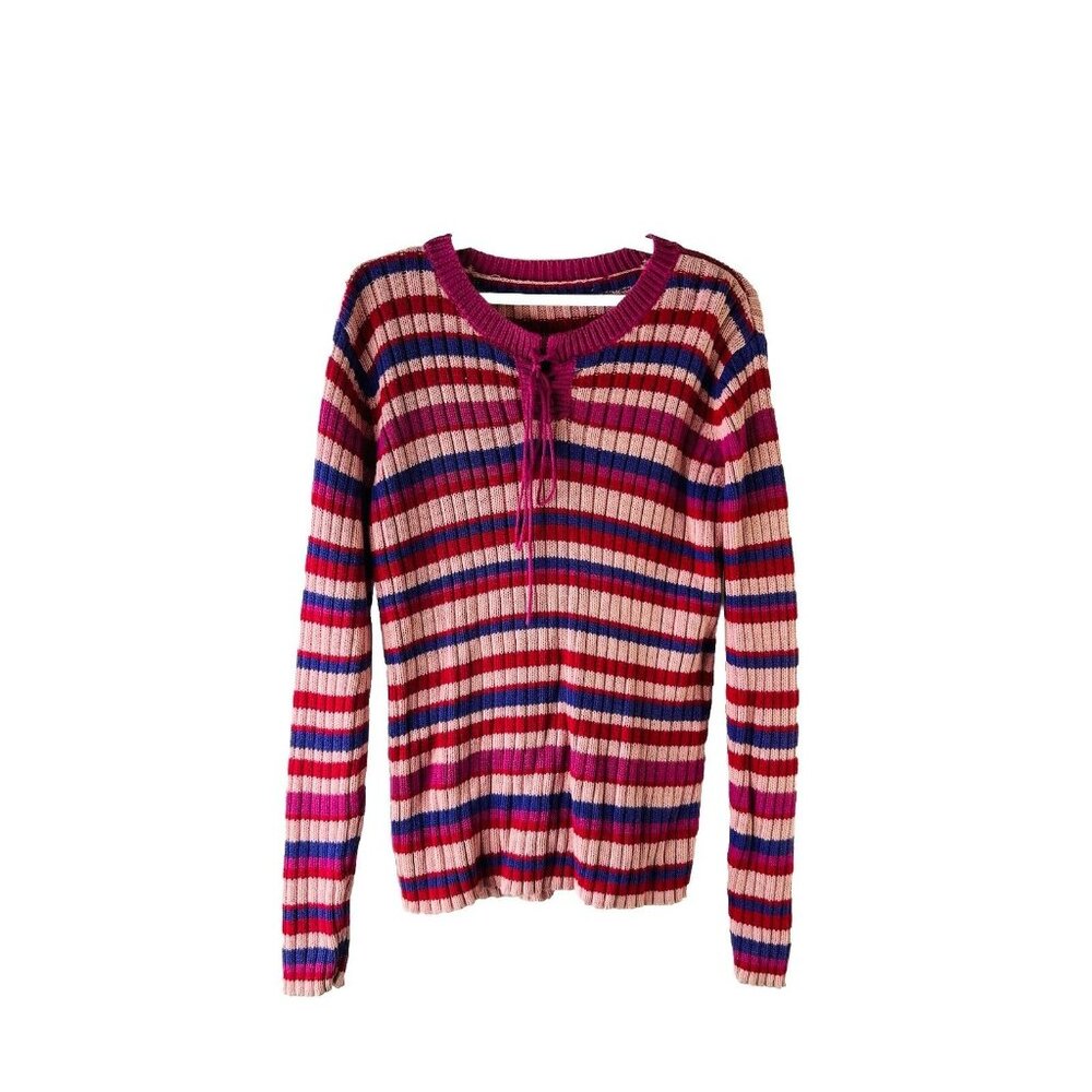 VTG Y2K Rainbow Stripe Ribbed Knit Lace Up Sweater Hip Hop Skater